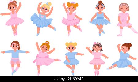 Cartoon ballerina principesse, ragazze simpatiche ballerini personaggi. Ragazza in tutu abito e corona. Balletto studenti di classe in danza pone vettore set Illustrazione Vettoriale