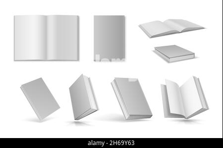 Libri bianchi realistici aperti e chiusi con copertina vuota. notebook 3d con modello di vista dall'alto della copertina rigida. Set vettoriale di libri vuoti fluttuanti Illustrazione Vettoriale