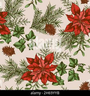 Vintage Christmas senza cuciture con piante sempreverdi e fiori rossi di poinsettia. Sfondo decorativo per Natale e Capodanno. Disegnato a mano Foto Stock