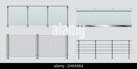 Ringhiere realistiche in vetro e metallo, recinzione in filo. Balaustra trasparente con corrimano in acciaio. Gruppo di vettori sezioni di scherma del pool Illustrazione Vettoriale