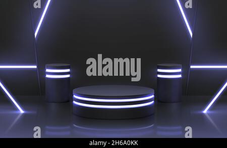 Futuristica scena cyber con podi al neon 3d per l'esposizione dei prodotti. Piattaforma scura con luci incandescenti. Supporto digitale per gadget, scena vettoriale Illustrazione Vettoriale