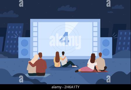 Chi guarda il cinema all'aperto sul grande schermo di notte. Incontri coppie nel cinema cortile. Flat open air cinema serale concetto vettoriale Illustrazione Vettoriale