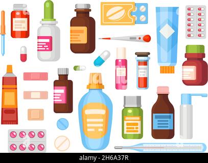 Farmaco piatto in flaconi, pillole, capsule e compresse. Contenitori di farmaci medici, unguenti, vitamine e antibiotici. Set di vettori della farmacia Illustrazione Vettoriale