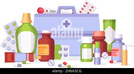 Gruppo farmaceutico piatto di blister, contenitori e flaconi di medicina. Fiale di rimedio, pillole, farmaci e compresse di vitamina. Concetto di vettore farmaco Illustrazione Vettoriale
