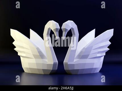Scultura su carta di un Swan poligonale, animale di carta piegato, papercraft, concetto di amore di due cigni, rendering 3d Foto Stock