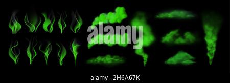 Nube di odore stinky realistico, fumo magico verde. Percorso di freccetta, vapore tossico o odore. Gas e respiro disgustosi Illustrazione Vettoriale