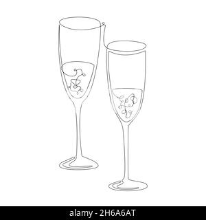 Due calici con champagne, uno stile di disegno continuo. Due bicchieri di vino, illustrazione vettoriale isolato su bianco Illustrazione Vettoriale