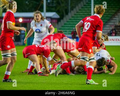 Londra, Regno Unito. 14 novembre 2021. Twickenham, Londra, Inghilterra, 14 novembre 2021: Justine Pelletier (22 Canada/Riviere-du-Loup, QC/Les Lionnes du stade bordelais/ Club de Rugby de Quebec) distribuisce la palla dalla parte posteriore di un ruck - Autunno Internazionale delle Donne a Twickenham Stoop 14 novembre 2021 Claire Jeffrey/SPP credito: SPP Sport Press Photo. /Alamy Live News Foto Stock