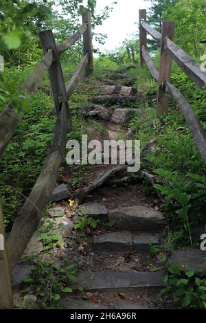 scala primitiva fatta di rocce con recinzioni in legno interbloccanti come ringhiere contro un lussureggiante verde fogliame Foto Stock