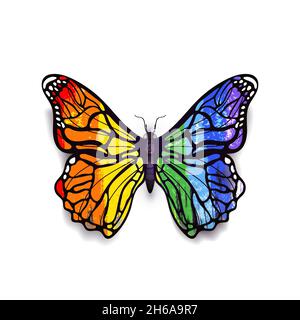 Bella e realistica farfalla magica in colori arcobaleno colorati su bianco Illustrazione Vettoriale
