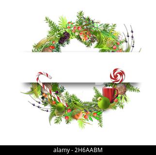 Natale design isolato su bianco. Corona invernale di Natale con baubles rossi, caramelle, rami di abete di Natale. Ghirlone natalizio in una striscia di carta. 3D rendering. Carta di invidia per le festività Foto Stock