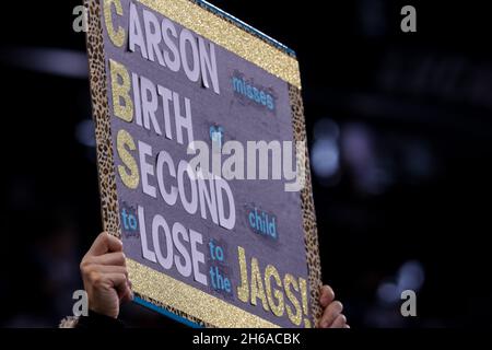 Indianapolis, Indiana, Stati Uniti. 14 novembre 2021. Un cartello in mostra durante la partita tra i Jacksonville Jaguars e gli Indianapolis Colts al Lucas Oil Stadium di Indianapolis, Indiana. (Credit Image: © Scott Stuart/ZUMA Press Wire) Foto Stock