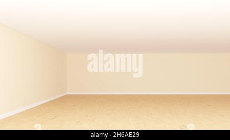 Interni vuoti con pareti beige, pavimento in parquet chiaro e rivestimento bianco. Rendering 3d, Ultra HD 8K, 7680 x 4320 Foto Stock