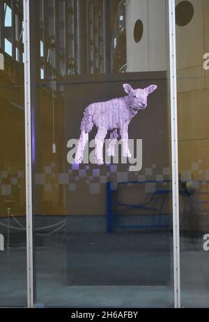 Un trompe-l'œil agnello nella finestra del Milton Keynes Theatre. Foto Stock