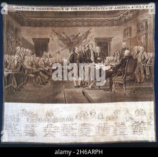 Dichiarazione del fazzoletto indipendente, Stati Uniti, c.. 1876. 'Dichiarazione di indipendenza degli Stati Uniti d'America 4 luglio 1776', con l'elenco dei partecipanti qui sotto. Dopo un dipinto di John Trumbull. Foto Stock