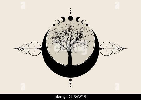 Albero sacro e luna crescente. Fasi della Luna mistica disegnate a mano, albero della vita, geometria Sacra. Wicca banner vecchio segno, cerchio di energia, vettore stile boho Illustrazione Vettoriale