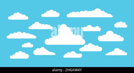 Nubi silhouette vettore icona set isolato su sfondo blu cielo. Illustrazione Vettoriale