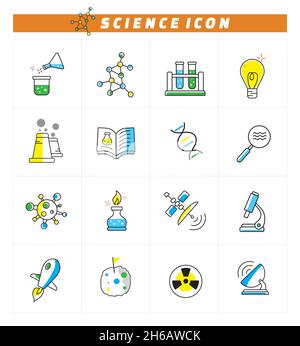 Elementi vettoriali unici delle icone scientifiche con colore. Adatto per la progettazione con un tema di laboratorio o in relazione al campo scientifico Illustrazione Vettoriale