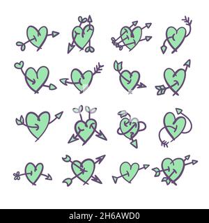 Cuori di colore viola e verde disegnati a mano con frecce. Illustrazione Vettoriale