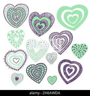 Set vettoriale di cuori viola e verde disegnati a mano. Illustrazione Vettoriale