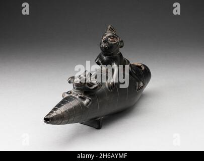 Vascello di Blackware in forma di due figure seduti su Reed Boat, parti mancanti, A.D. 1000/1400. Foto Stock