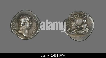 Denario (Coin) raffigurante l'imperatore Adriano, 134-138. Foto Stock