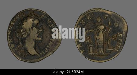 Sesterzio (Coin) raffigurante l'imperatore Antonino Pio, 157-158. Foto Stock