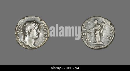 Denario (Coin) raffigurante l'imperatore Adriano, 134-138. Foto Stock
