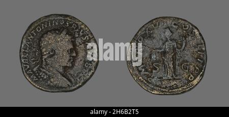 Sestertius (Coin) raffigurante l'imperatore Caracalla, 213. Foto Stock