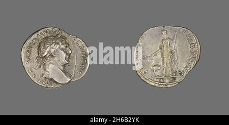 Denario (Coin) raffigurante l'imperatore Traiano, 98-117. Foto Stock