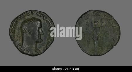 Sestertius (Coin) raffigurante l'imperatore Maximino, 236-238. Foto Stock