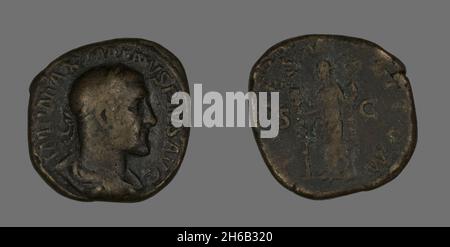 Sestertius (Coin) raffigurante l'imperatore Maximino, 235-236. Foto Stock