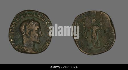 Sestertius (Coin) raffigurante l'imperatore Maximino, 235-236. Foto Stock