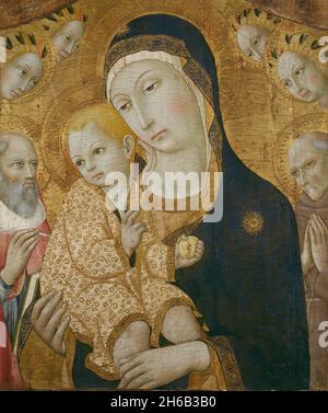 Vergine col Bambino con i Santi Girolamo, Bernardino di Siena, e Angeli, 1450/60. Dettagli da un'illustrazione più grande. Foto Stock
