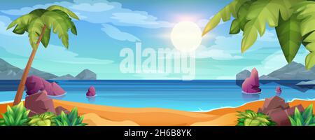 Cartoon paesaggio marino con spiaggia oceano, pietre di mare e sole. Isola tropicale estiva con palme e nuvole nel cielo blu. Mare con rocce che si attacca di superficie d'acqua e sabbia in costa. Illustrazione Vettoriale
