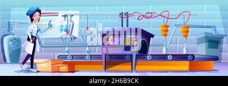 Nastro trasportatore per fabbrica di cartoni animati con bottiglie di latte in vetro. Donna che controlla il processo di produzione sulla linea di produzione dei trasportatori. Bracci robotizzati che versano prodotti lattiero-caseari. Assistenti robot industriali intelligenti. Illustrazione Vettoriale
