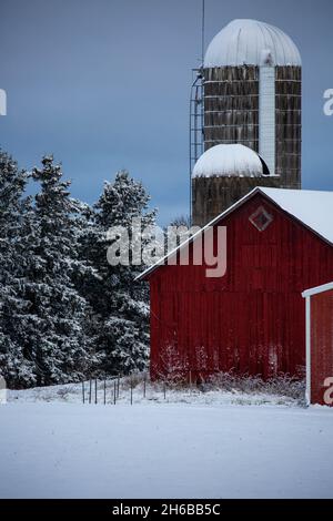 Vecchio granaio rosso del Wisconsin centrale e silos vicino a pini innevati, verticale Foto Stock