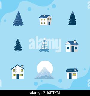 nove icone della stagione invernale Illustrazione Vettoriale