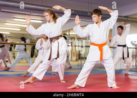Bambini in uniforme karate che si esibiscono kata Foto Stock