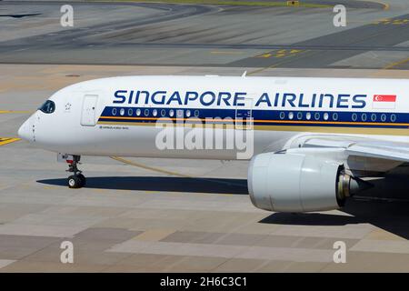 Singapore Airlines Airbus A350 aereo vista ravvicinata. Aereo A350-900 registrato come 9V-SMP. Foto Stock