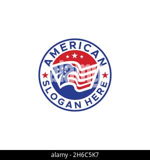 Emblema AMERICAN Circle flag Eagle star logo design Illustrazione Vettoriale