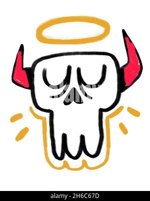 Divertente cranio demoniaco con corna e anello d'angelo, graffiti e linee d'arte audace pittura acrilica estetica con colore intenso. Illustrazione per il sito Web, stampa Foto Stock