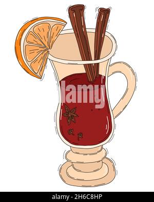VIN brulé di Natale. Illustrazione vettoriale, a mano. Bicchiere da cocktail con fetta di agrumi, vino piccante, bastoncini di cannella, spezie, cardamomo e chiodi di garofano Illustrazione Vettoriale