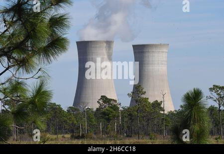 Orlando, Stati Uniti. 14 novembre 2021. Le torri di raffreddamento dello Stanton Energy Center, una centrale elettrica a carbone, sono visibili a Orlando. L'impianto dovrebbe passare dalla combustione del carbone all'utilizzo del gas naturale entro il 2027. I colloqui sul clima delle Nazioni Unite si sono conclusi il 13 novembre 2021 con un accordo che per la prima volta ha preso di mira i combustibili fossili come fattore chiave del riscaldamento globale, anche se i paesi dipendenti dal carbone hanno insistito sulle obiezioni dell’ultimo minuto. Credit: SOPA Images Limited/Alamy Live News Foto Stock