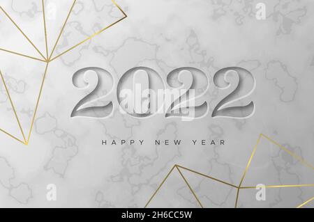 Buon Natale Felice anno nuovo 2022 biglietto di auguri di lusso moderno. Illustrazione geometrica in 3D rossa e verde con glitter oro per una vacanza elegante par Illustrazione Vettoriale