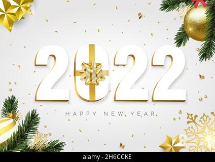 Felice anno nuovo 2022 biglietto d'auguri illustrazione di oro 3d ornamento baubles e festa d'oro confetti su sfondo viola. Illustrazione Vettoriale