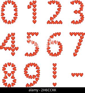 Numeri da cuori rossi, simbolo d'amore. Carattere festivo o decorazione per San Valentino, matrimonio, vacanza e design Illustrazione Vettoriale
