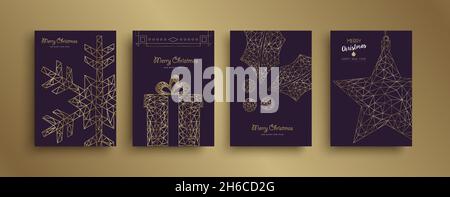 Buon Natale e felice anno nuovo astratto deco design oro set con ornamento in geometrico stile vintage. Ideale per biglietti d'auguri, poster, ca Illustrazione Vettoriale