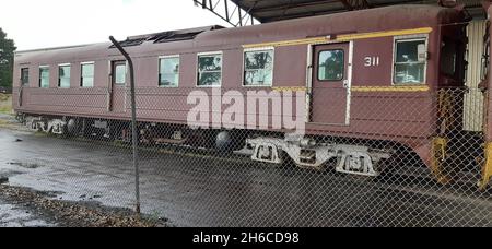 Korumburra Victoria Australia, treno di galline rosse, ferrovia semovente, ferrovia sud australiana Redhen, ferrovia Gippsland Foto Stock