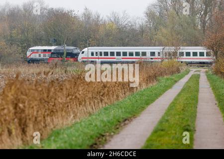 Friedrichstadt, Germania. 14 novembre 2021. Un treno Inter-City percorre la linea Marschbahn in direzione Westerland. Il 1° novembre 2021, l'espansione della capacità della Marschbahn, finanziata dallo Stato di Schleswig-Holstein e Deutsche Bahn, è giunta al termine. L'obiettivo era quello di fornire più seggi. Credit: Frank Molter/dpa/Alamy Live News Foto Stock